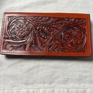 Tan Men's or Women's Unisex Bifold Checkbook Wallet Floral Tooled Leather